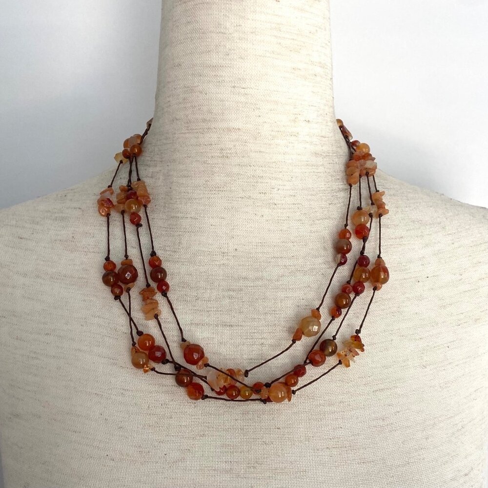 Sterling Silver 925 3 Strand Layered Carnelian Agate Beaded Station Necklace 20"